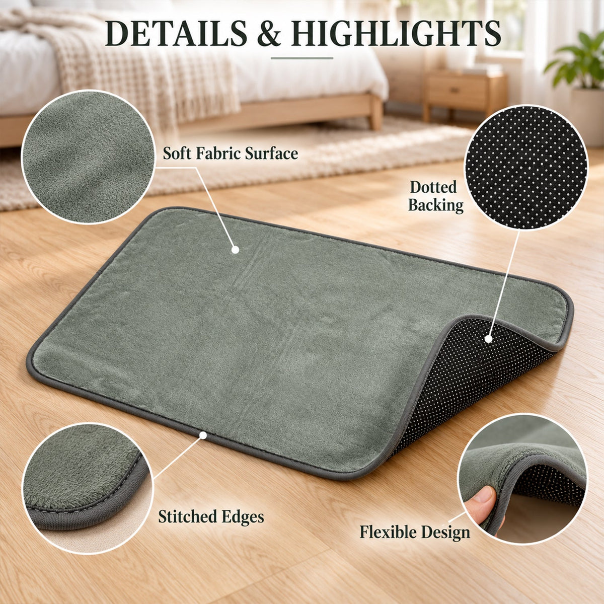 Gray rectangular mat with callouts showing soft fabric surface, dotted backing, stitched edges, and flexible design.