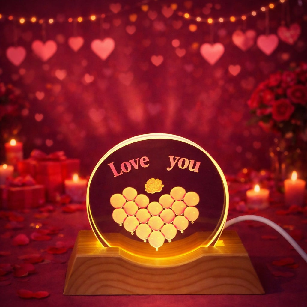 Love You Acrylic LED Lamp with Wooden Base Romantic Heart Gift Light