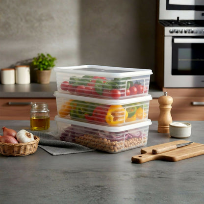 Cuisine food containers filled with cut fruits and veggies