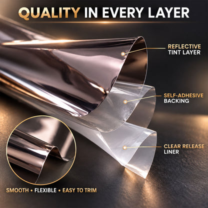 Layered view of the reflective film showing the tint, self-adhesive backing, and clear release liner on a dark surface.