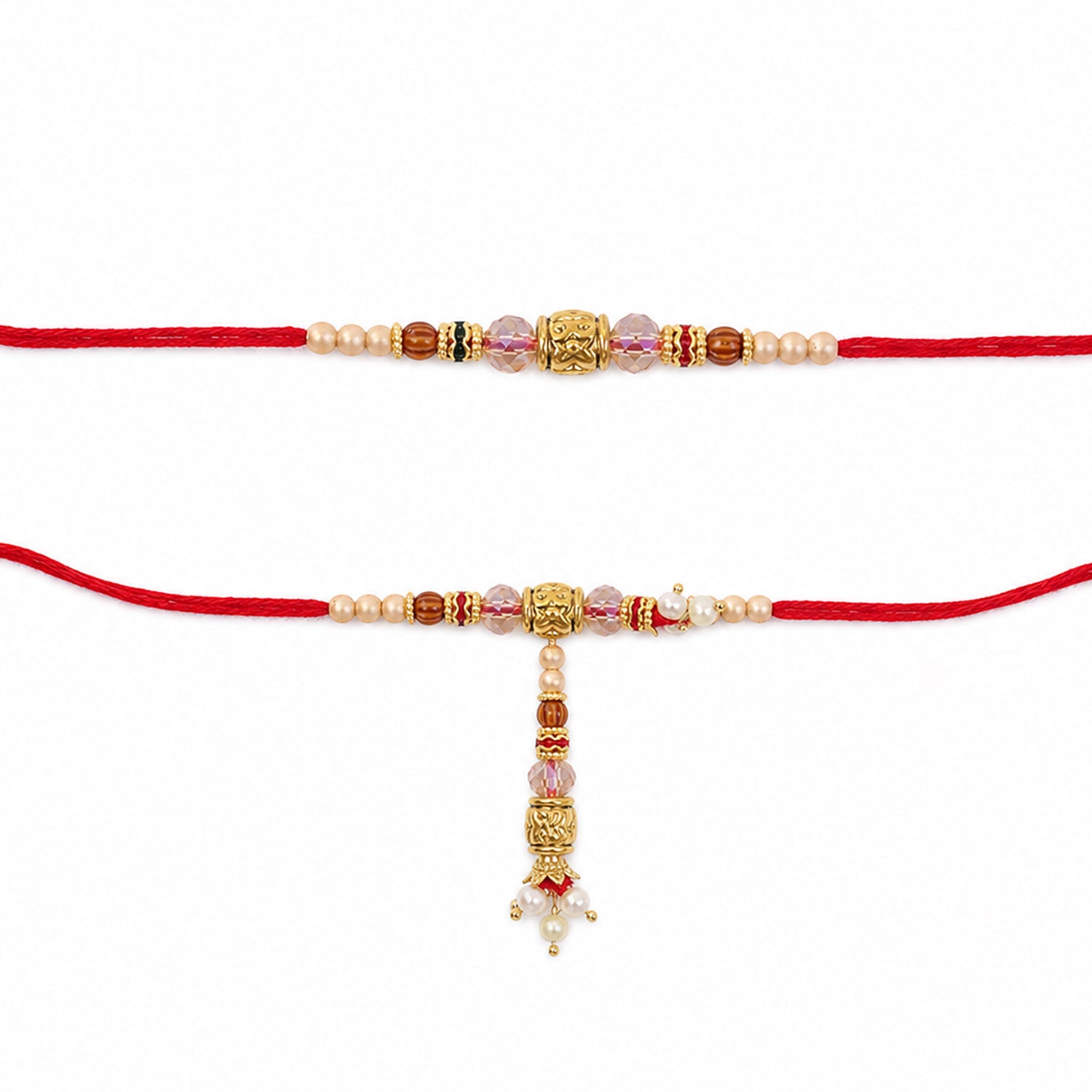 Antique Filigree Cube Charm Bhai Bhabhi Rakhi with Crystal Beads and Pearl Drops