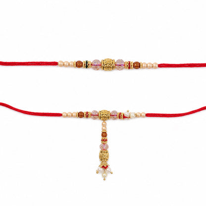 Antique Filigree Cube Charm Bhai Bhabhi Rakhi with Crystal Beads and Pearl Drops