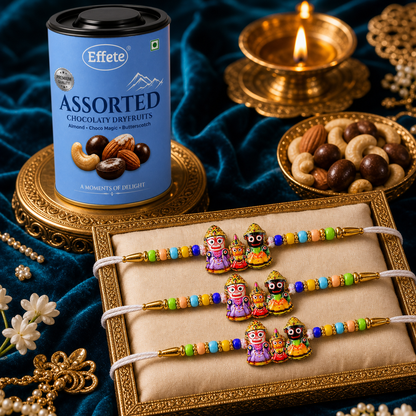 Jagannath, Balabhadra and Subhadra Rakhi with Assorted Chocolate Treats, Pack of 3