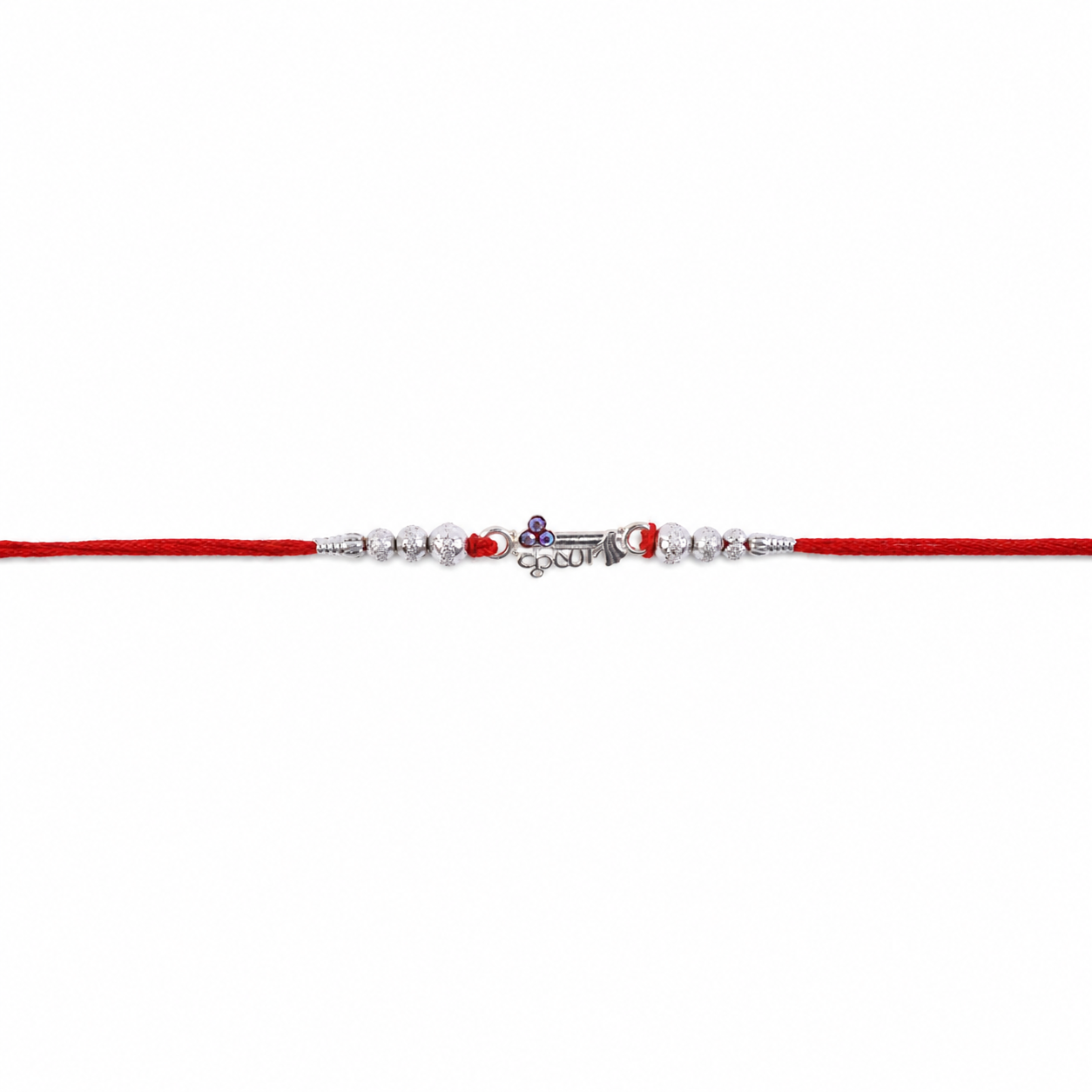Silver Morpich Krishna Bead Rakhi with Tiny Purple Stone and Red Thread