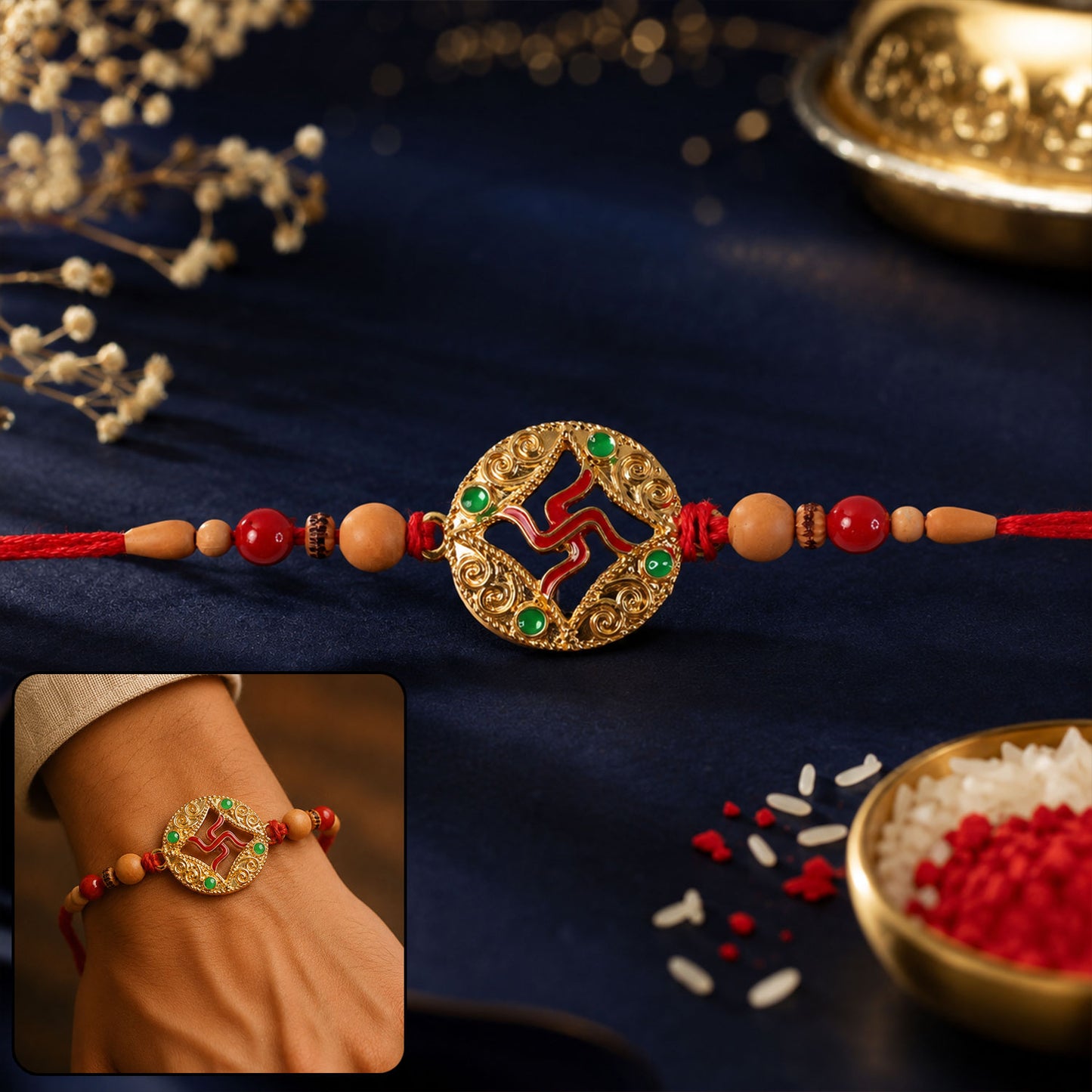 Multicolor Swastik Rakhi with Peach Beads and Navy Backdrop