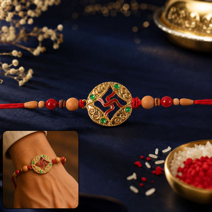 Multicolor Swastik Rakhi with Peach Beads and Navy Backdrop