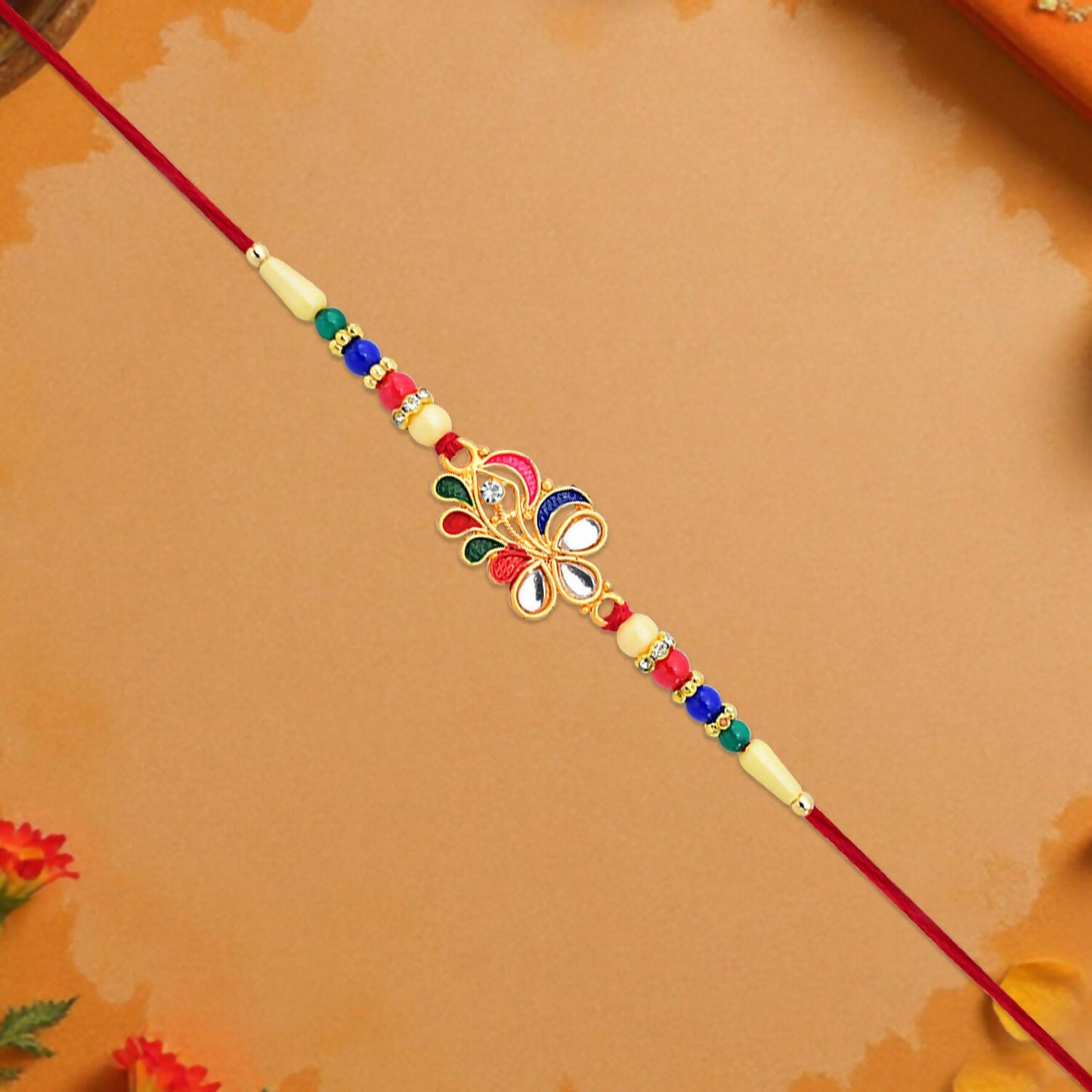 Peacock Feather Rakhi Elegant Multicolor Beads for Brother (5pcs)