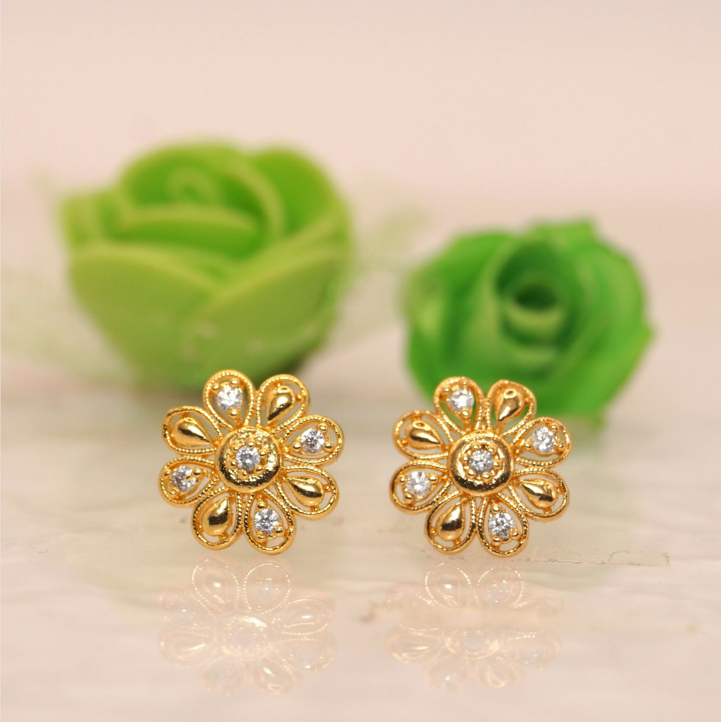 Dainty Gold Plated AD Floral Stud Earrings for Women & girls