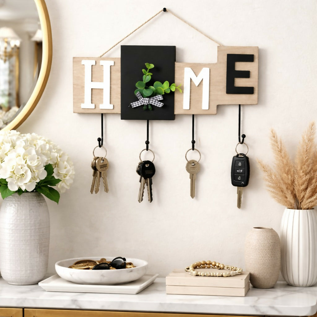 Wooden HOME Key Holder Wall Mount with Hooks for Entryway