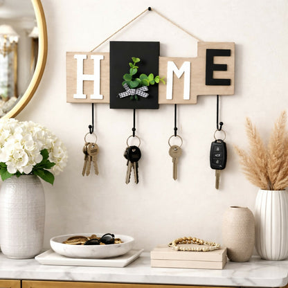 Wooden HOME Key Holder Wall Mount with Hooks for Entryway