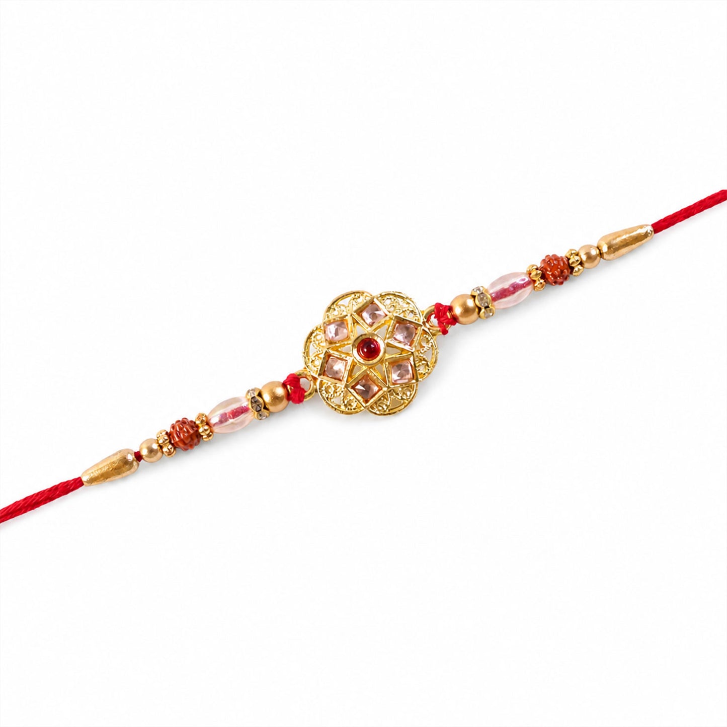 Divine Rakhi with Circular Sacred Medallion and gold trims in chain look for Gift Use