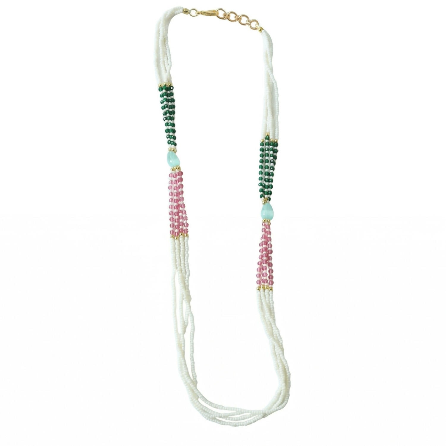 Elegant Multi-Layer Pearl Beaded Necklace with Green, Pink & Pastel Stone Accents