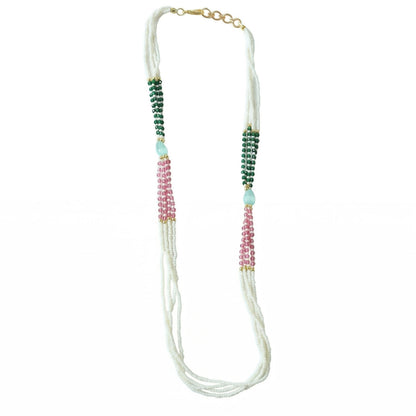 Elegant Multi-Layer Pearl Beaded Necklace with Green, Pink & Pastel Stone Accents