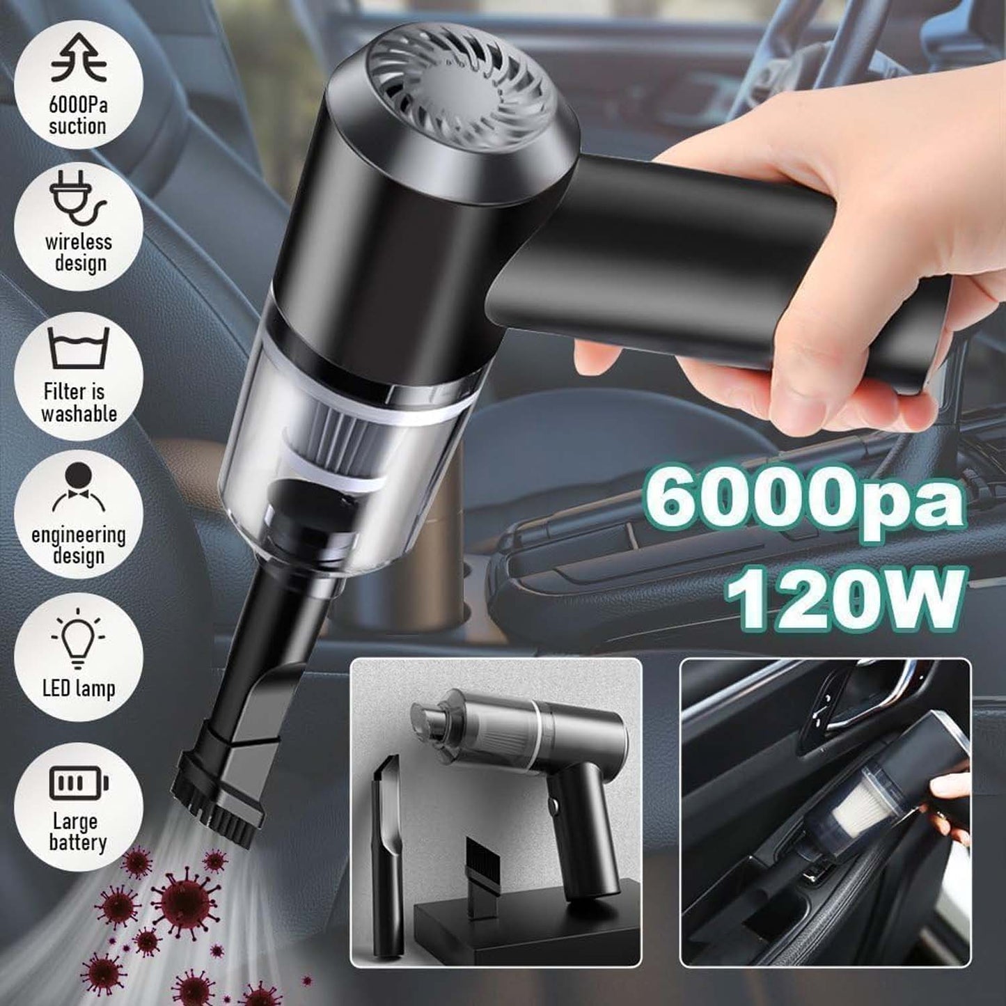 3 in 1 Mini Car Vacuum – Wireless, Rechargeable, Blower & Dust Cleaner for Car & Home