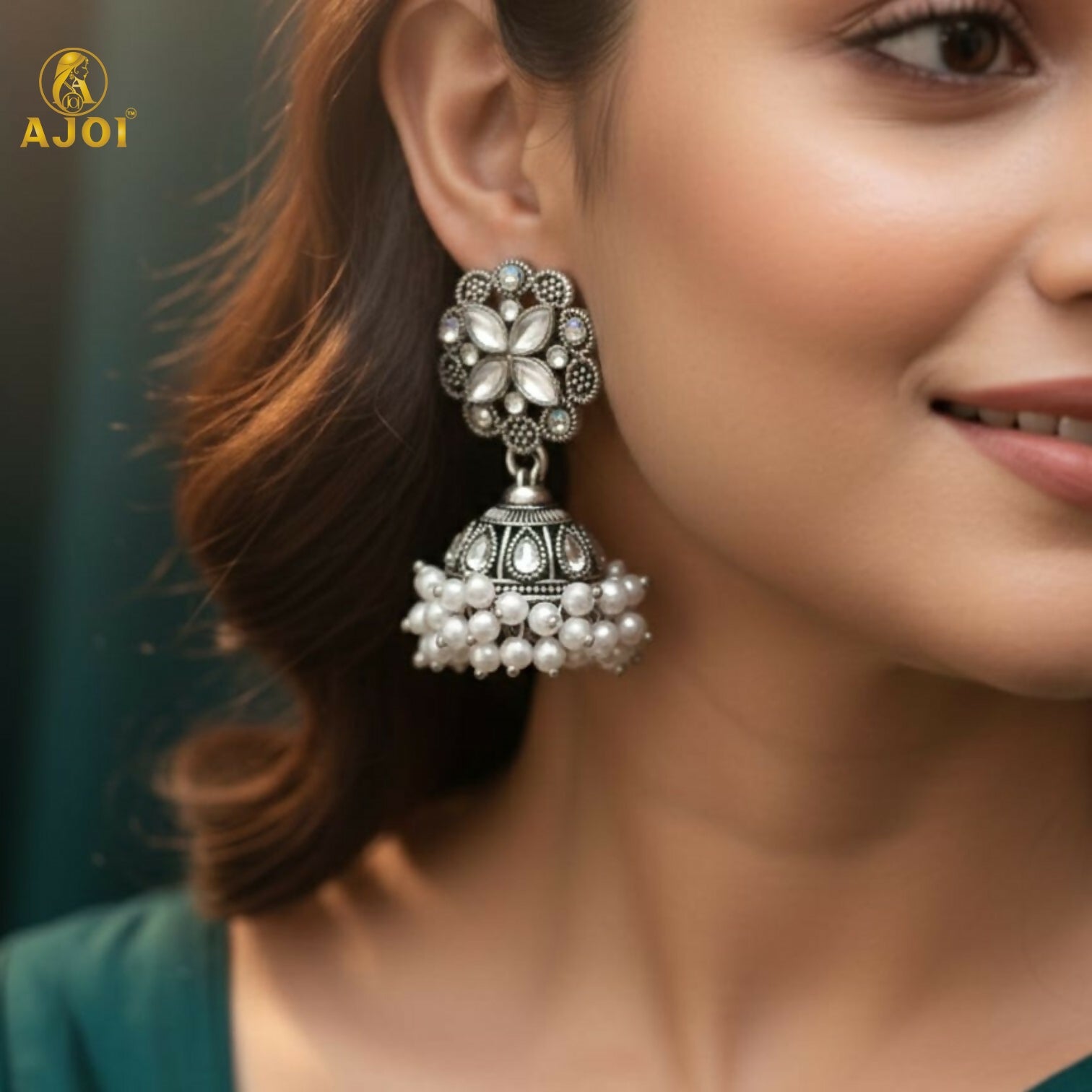 Elegant Silver Oxidized Floral Jhumka Earrings with Pearl Drops