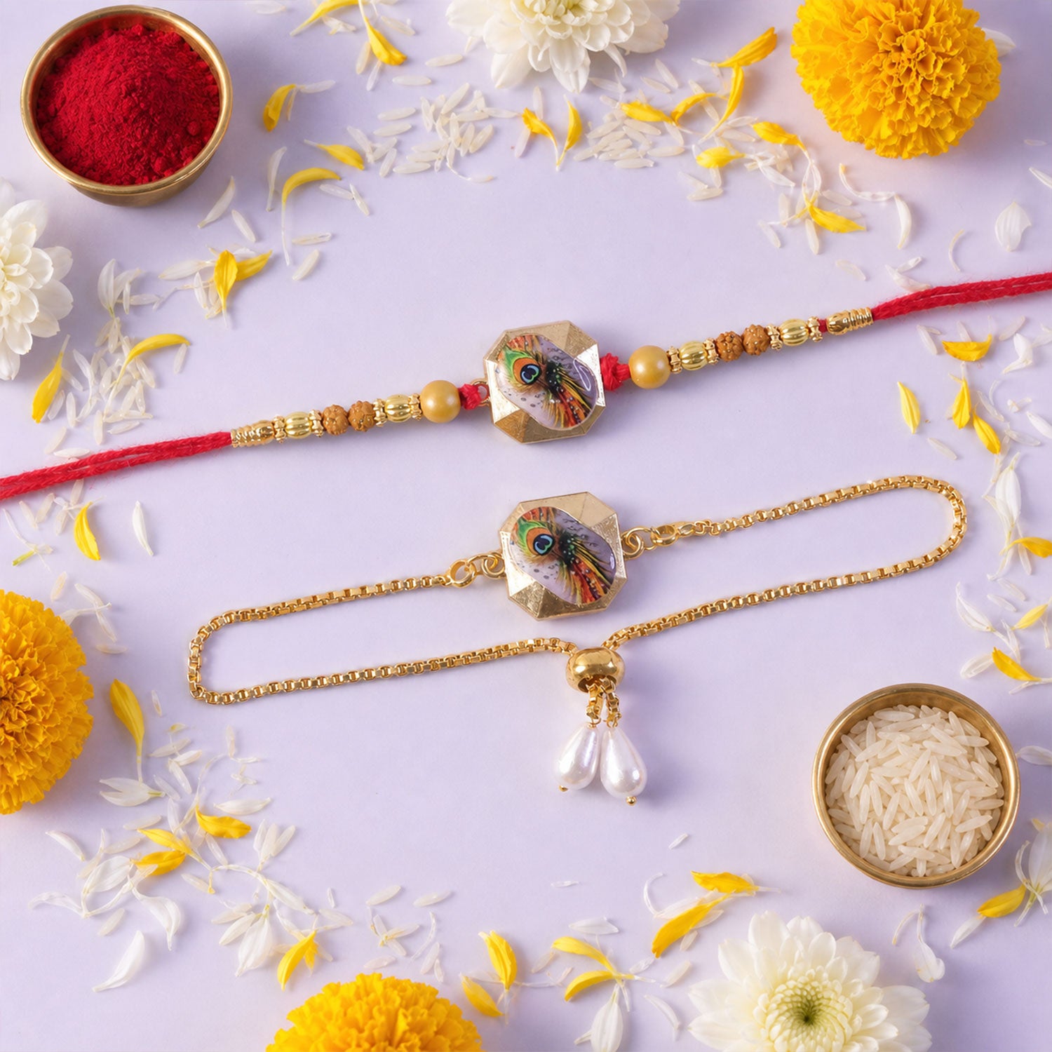 Krishna Morpankh Printed Charm Rudraksha Beads Bhai Bhabhi Rakhi Lumba Set