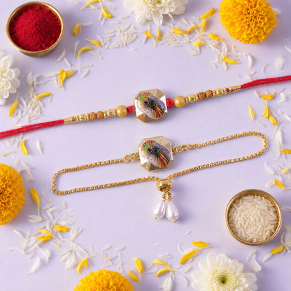 Krishna Morpankh Printed Charm Rudraksha Beads Bhai Bhabhi Rakhi Lumba Set