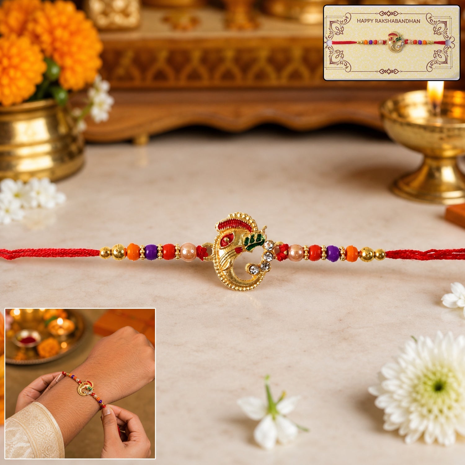 Traditional Ganesh Beaded Rakhi Embrace Festive Bonding (5pcs)