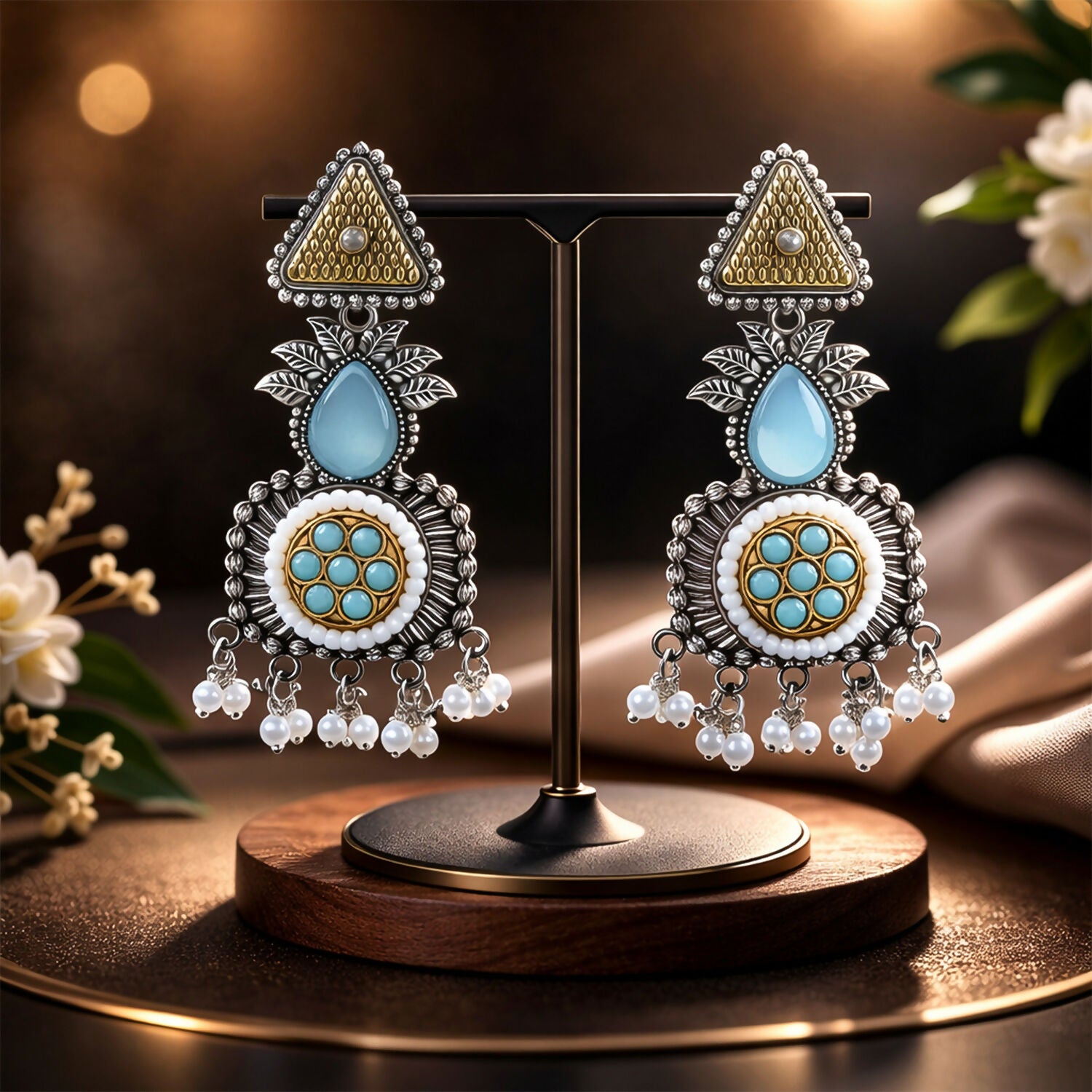 Vintage Oxidized Silver Dangle Earrings with Gold Tone & Pearl Tassel Drops