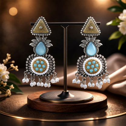 Vintage Oxidized Silver Dangle Earrings with Gold Tone & Pearl Tassel Drops