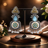 Vintage Oxidized Silver Dangle Earrings with Gold Tone & Pearl Tassel Drops