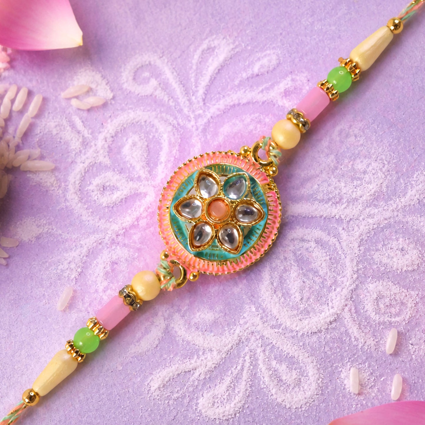 Teal and Pink Round Kundan Pendant Rakhi with Pastel Beads