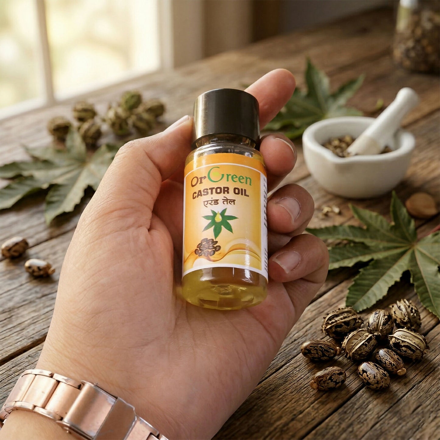 OrGreen Castor Oil bottle and capsules on dark cloth background