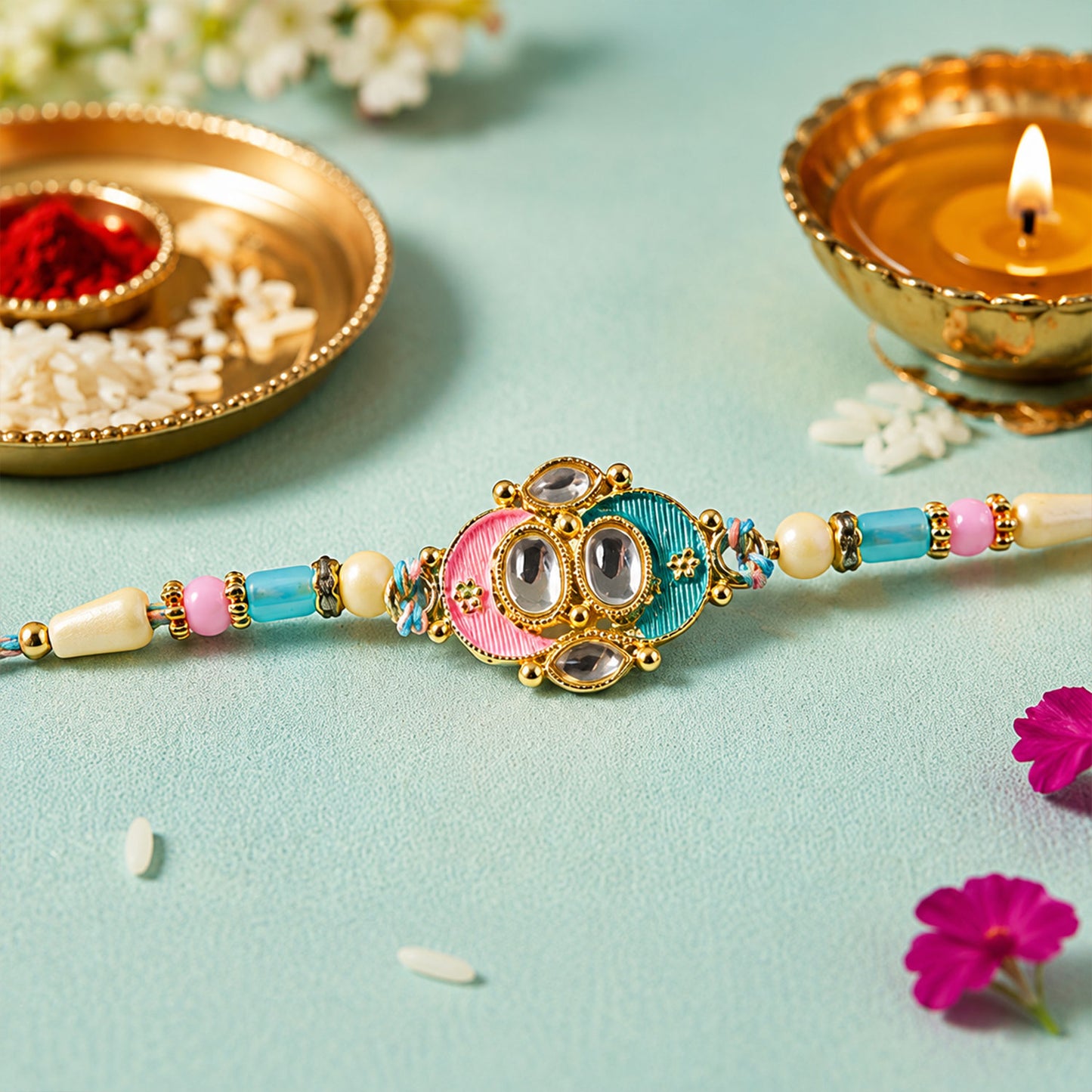 Teal and Pink Enamel Kundan Pendant Rakhi with Pastel Beads