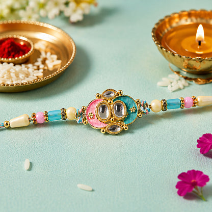 Teal and Pink Enamel Kundan Pendant Rakhi with Pastel Beads