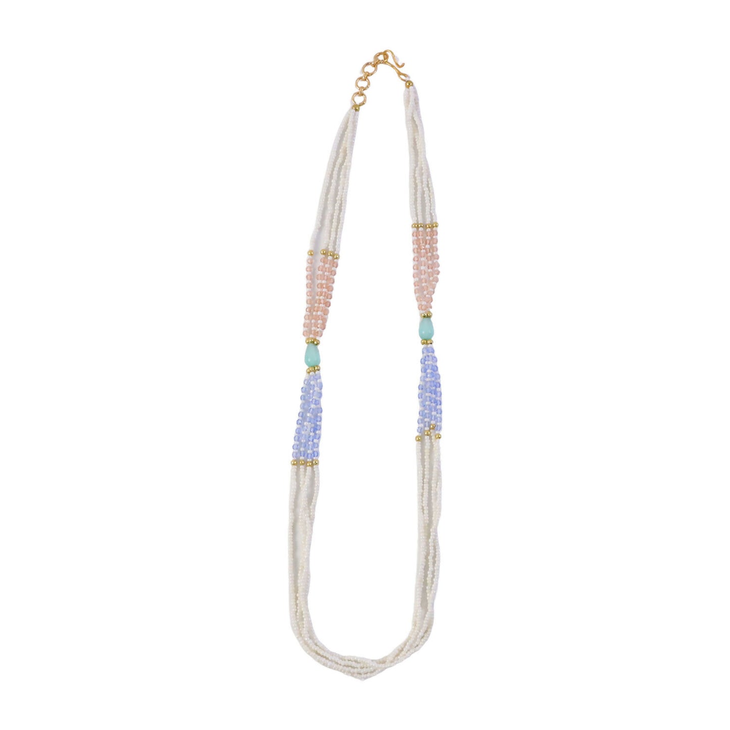 Multi-layer pastel necklace laid out showing bead details