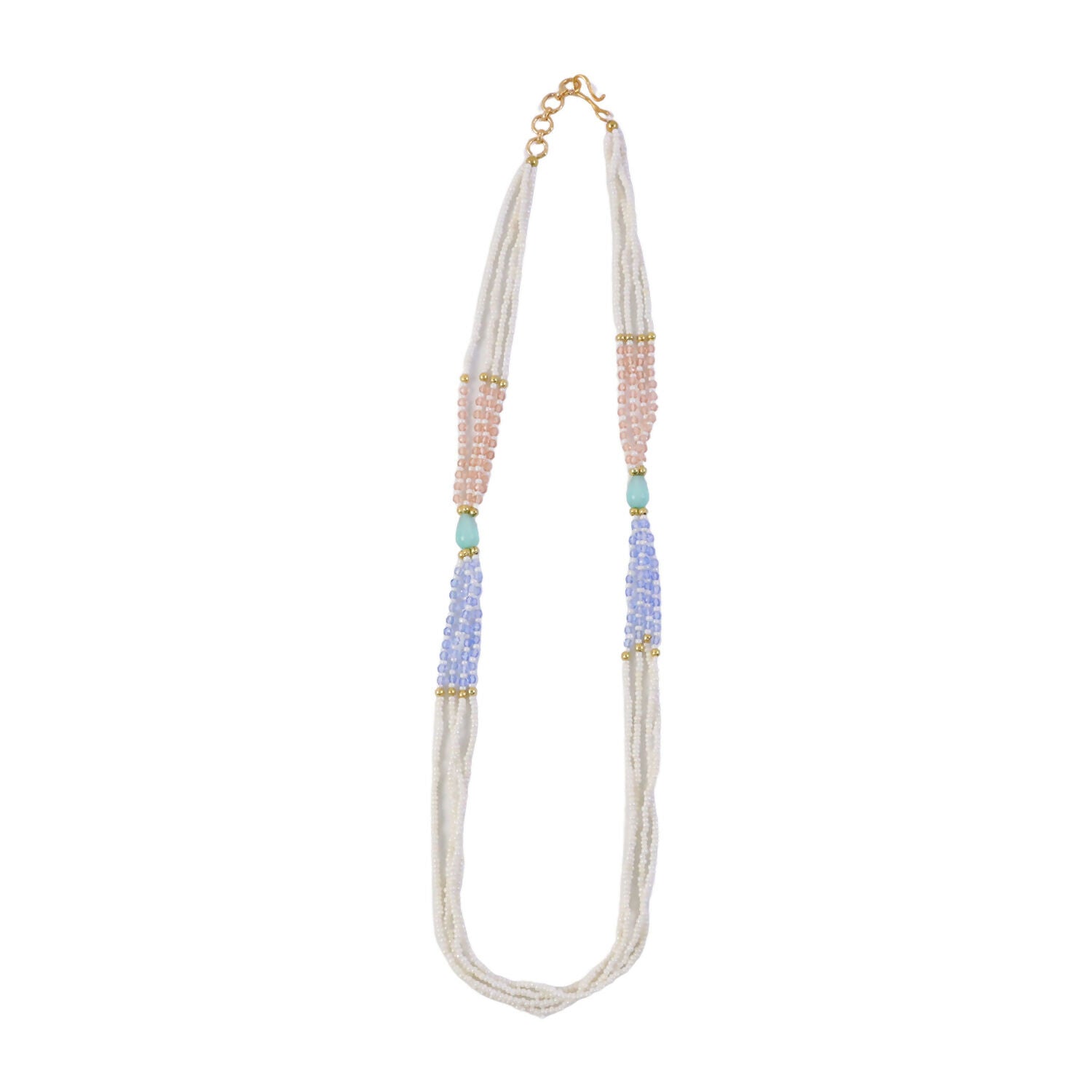 Multi-layer pastel necklace laid out showing bead details