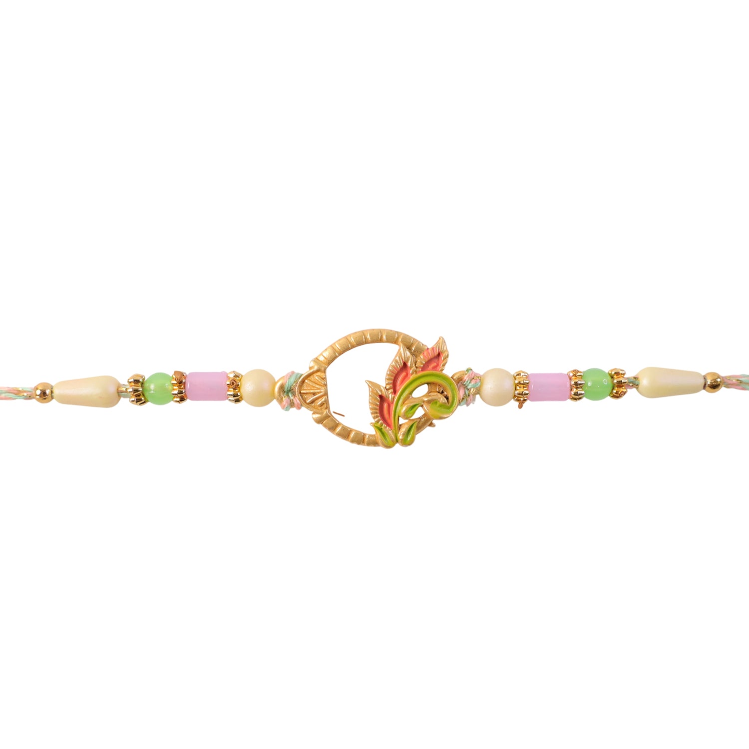 Enamel Peacock Pendant Rakhi with Green and Orange Beads