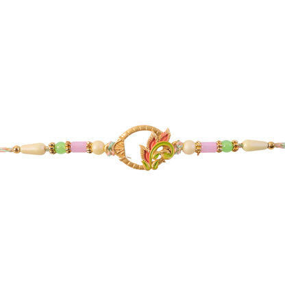 Enamel Peacock Pendant Rakhi with Green and Orange Beads