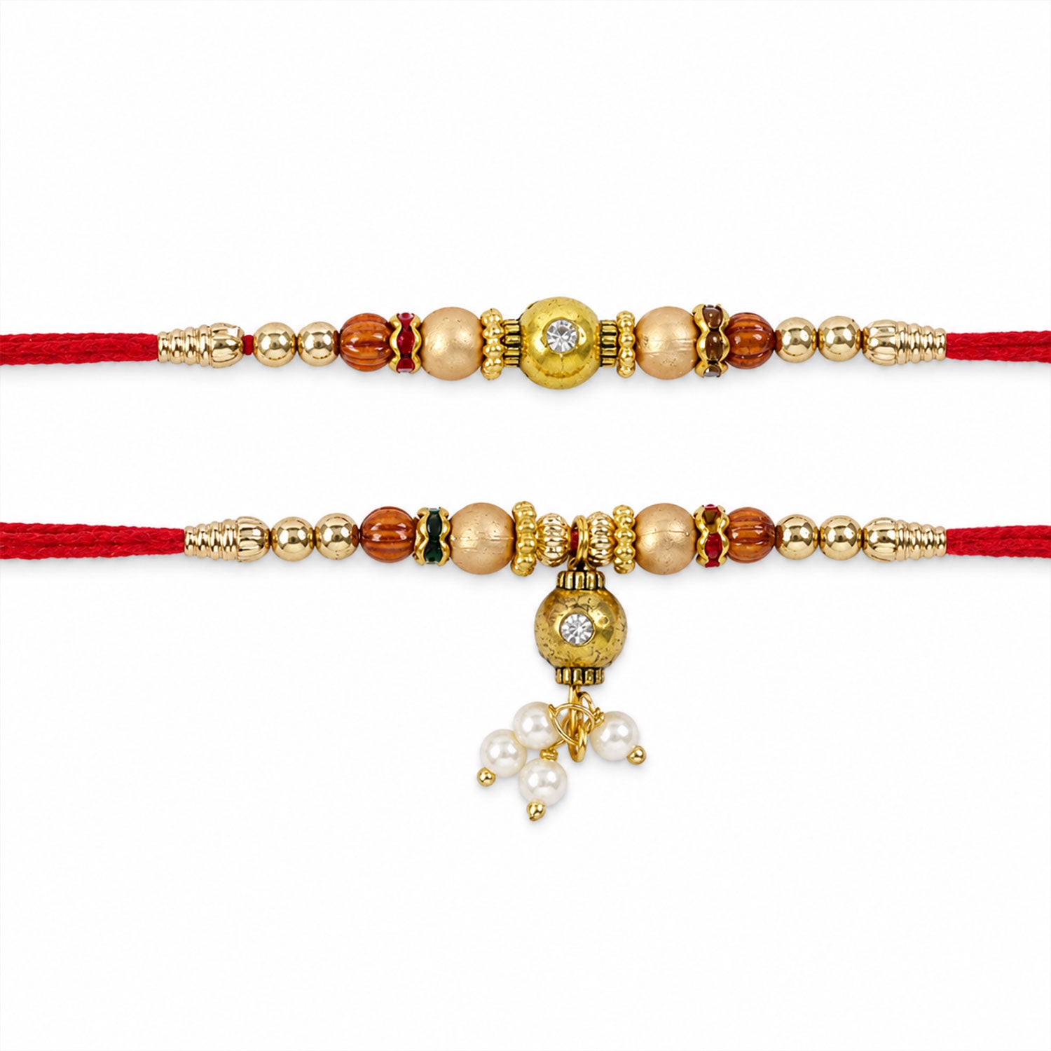 Bhai Bhabhi Kundan Rakhi Set with Red Thread, Gold Beads and Pearl Drop Accent Design