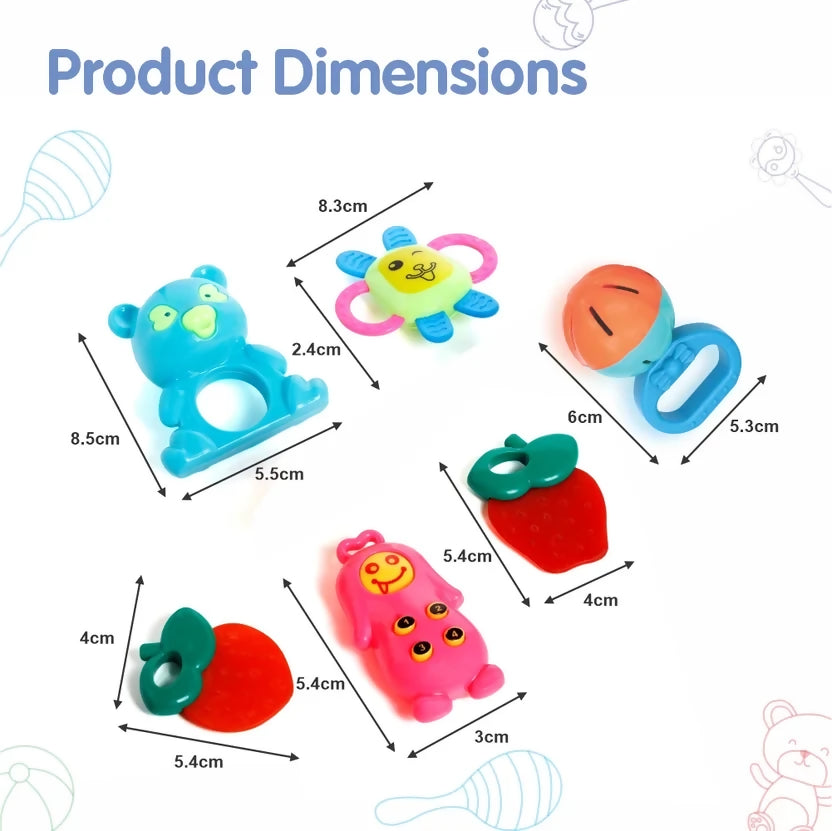 Various colorful baby rattles and teethers are arranged on a white surface with their dimensions clearly labeled.