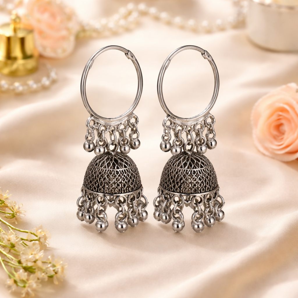 Oxidised Silver Jhumka Hoop Earrings for Women Traditional Ethnic Design