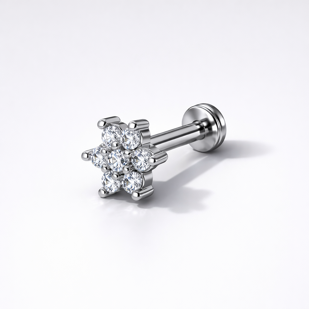 Side view of crystal flower nosepin with secure flat-back labret post