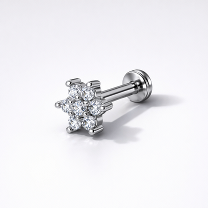 Side view of crystal flower nosepin with secure flat-back labret post