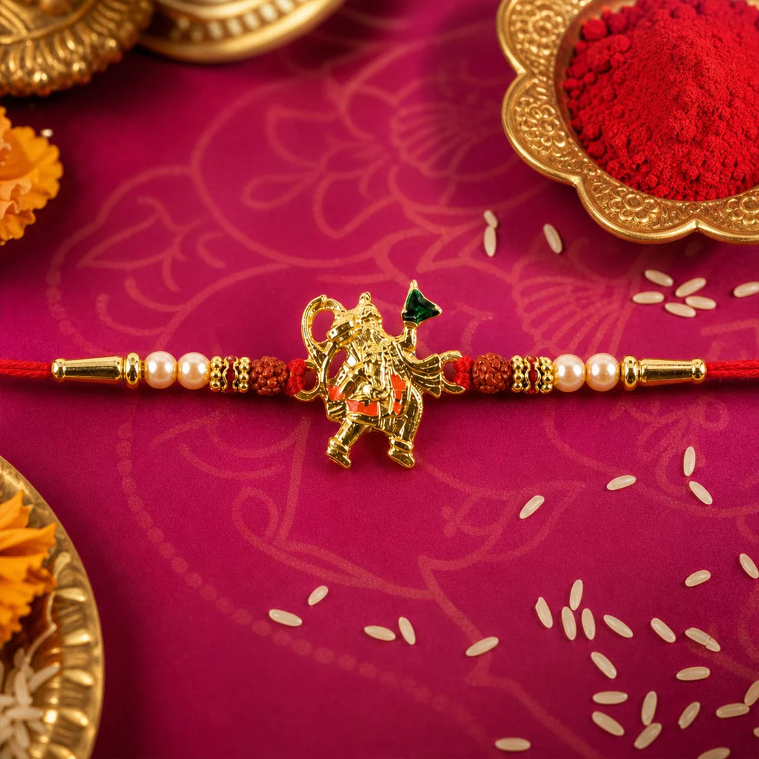 Golden Hanuman Ji Motif Enamel Pearl Beads Traditional Rakhi (5pcs)