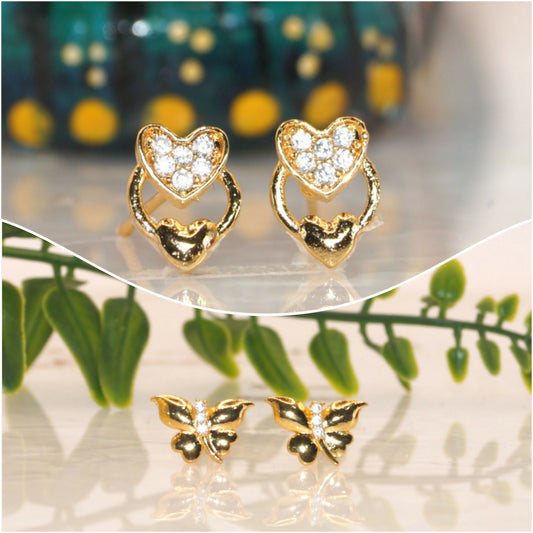 Mini Gold Plated AD Stud Earrings Set: Heart & Butterfly for women & girls Combo Pack of 2