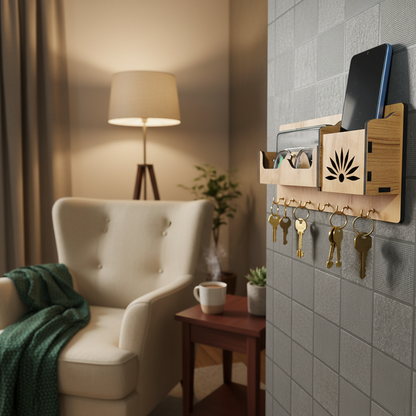 Wooden Wall Mounted Key Holder with Shelf for Mobile, Glasses and Keys