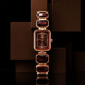 Rose Gold Square Shape Dial Watch with Black Red Stone Strap Design for Women