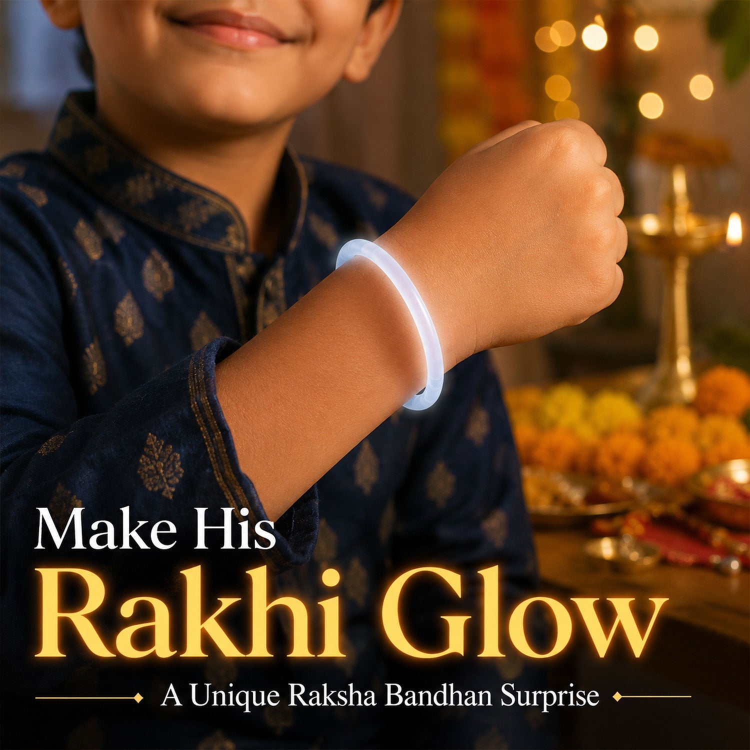 White Neon Glow Band Rakhi with Choco Magic Pouch, Pack of 3