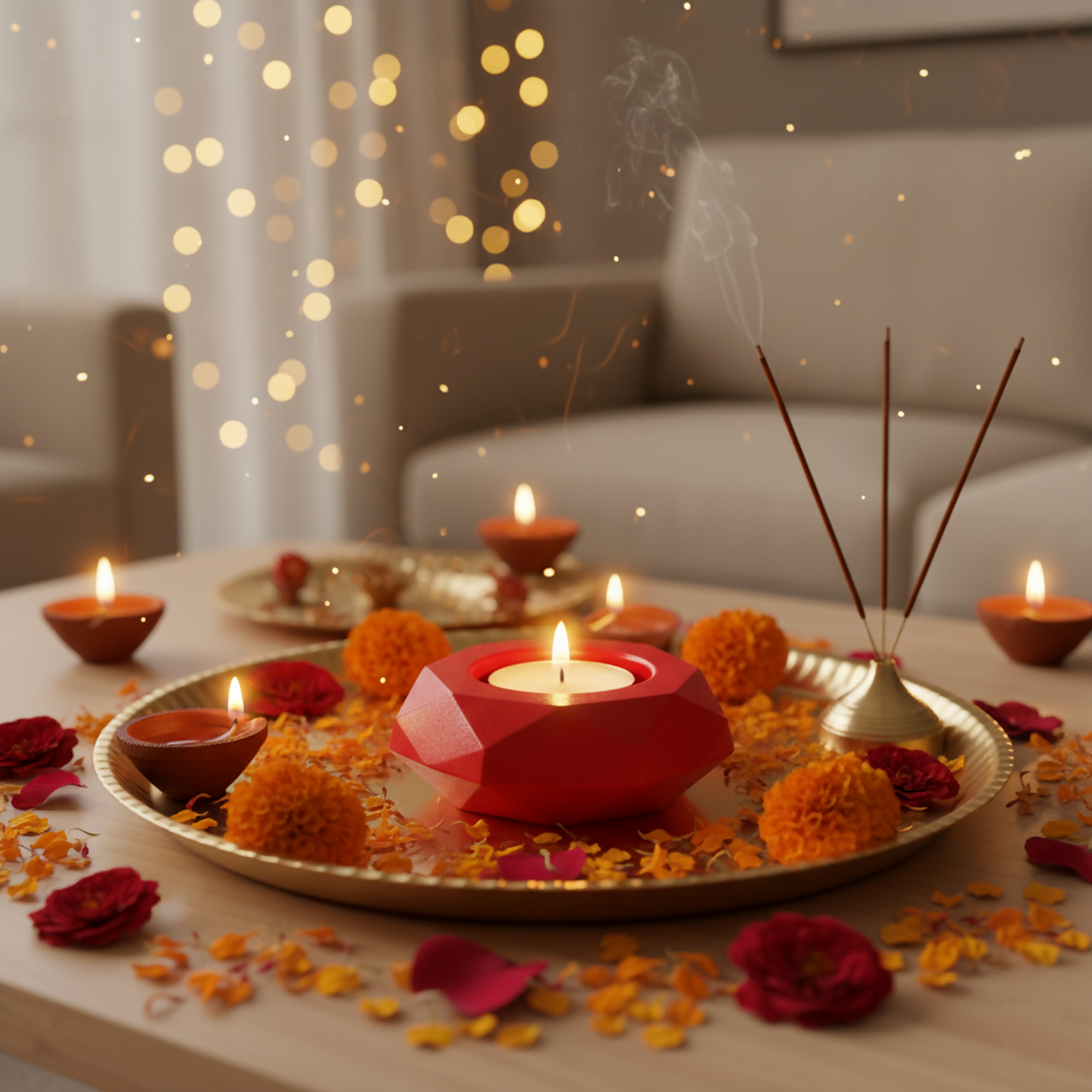 Diamond Decorative Diya Multi-Purpose Tealight Candle Holder, Dhoop Cone Stand, Pooja Diya & Mini Planter (Red, Rose Gold, Metallic Pink)