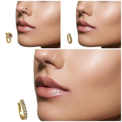 CZ Flower & Line Non-Piercing Nose Ring/Nath Combo Set Combo Pack of 3