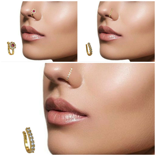 CZ Flower & Line Non-Piercing Nose Ring/Nath Combo Set Combo Pack of 3