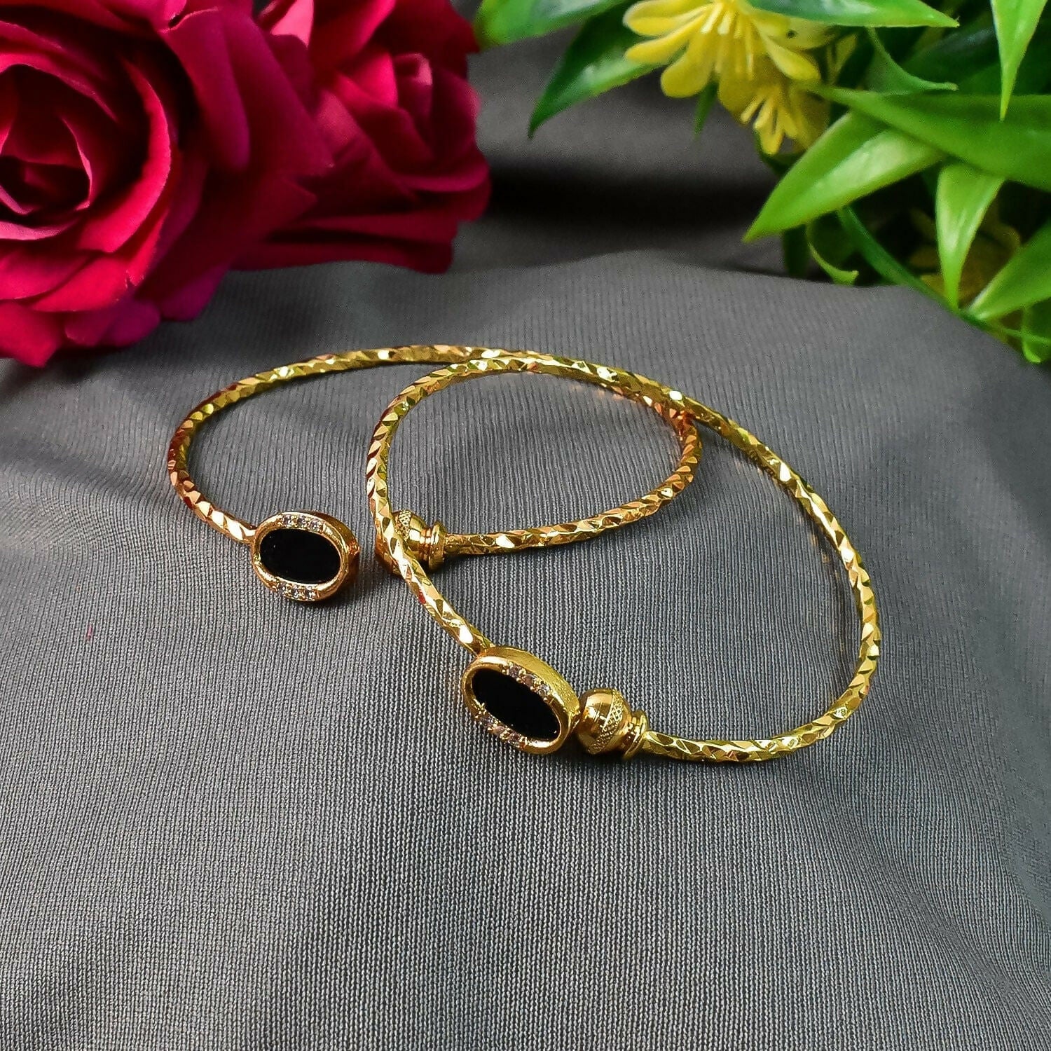 Black Stone Gold Plated Open Bangle Bracelet for Women