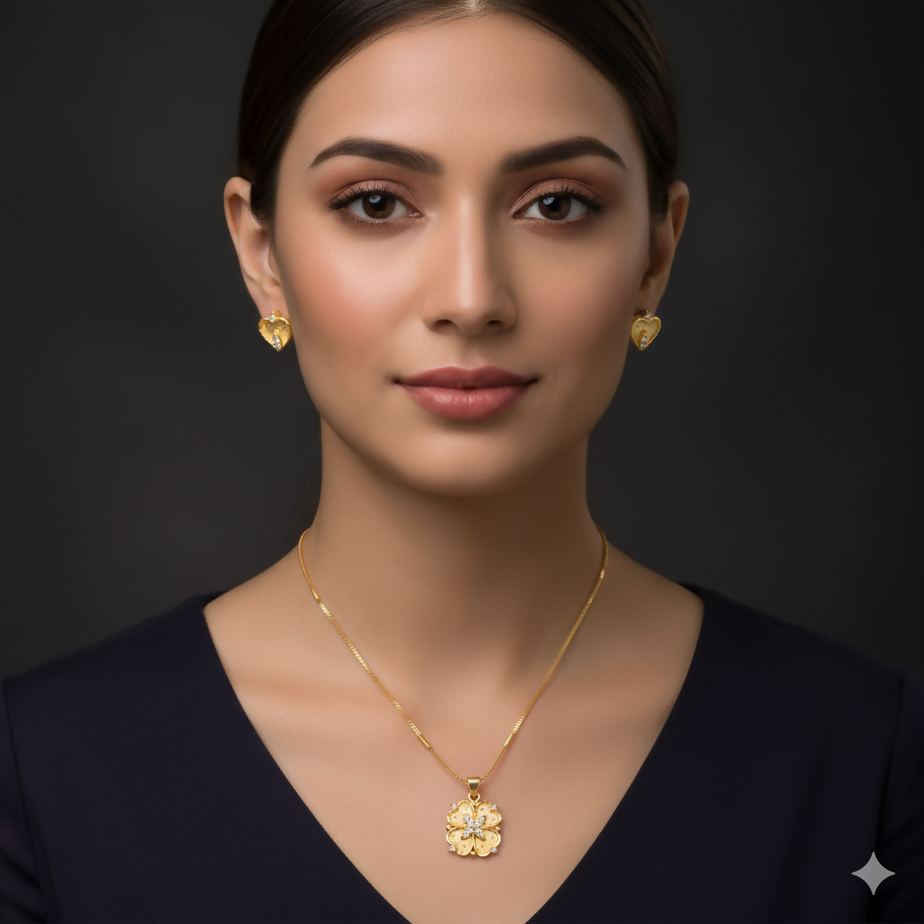 Gold Plated AD Heart & Floral Jewelry Set with Earring For women and girls