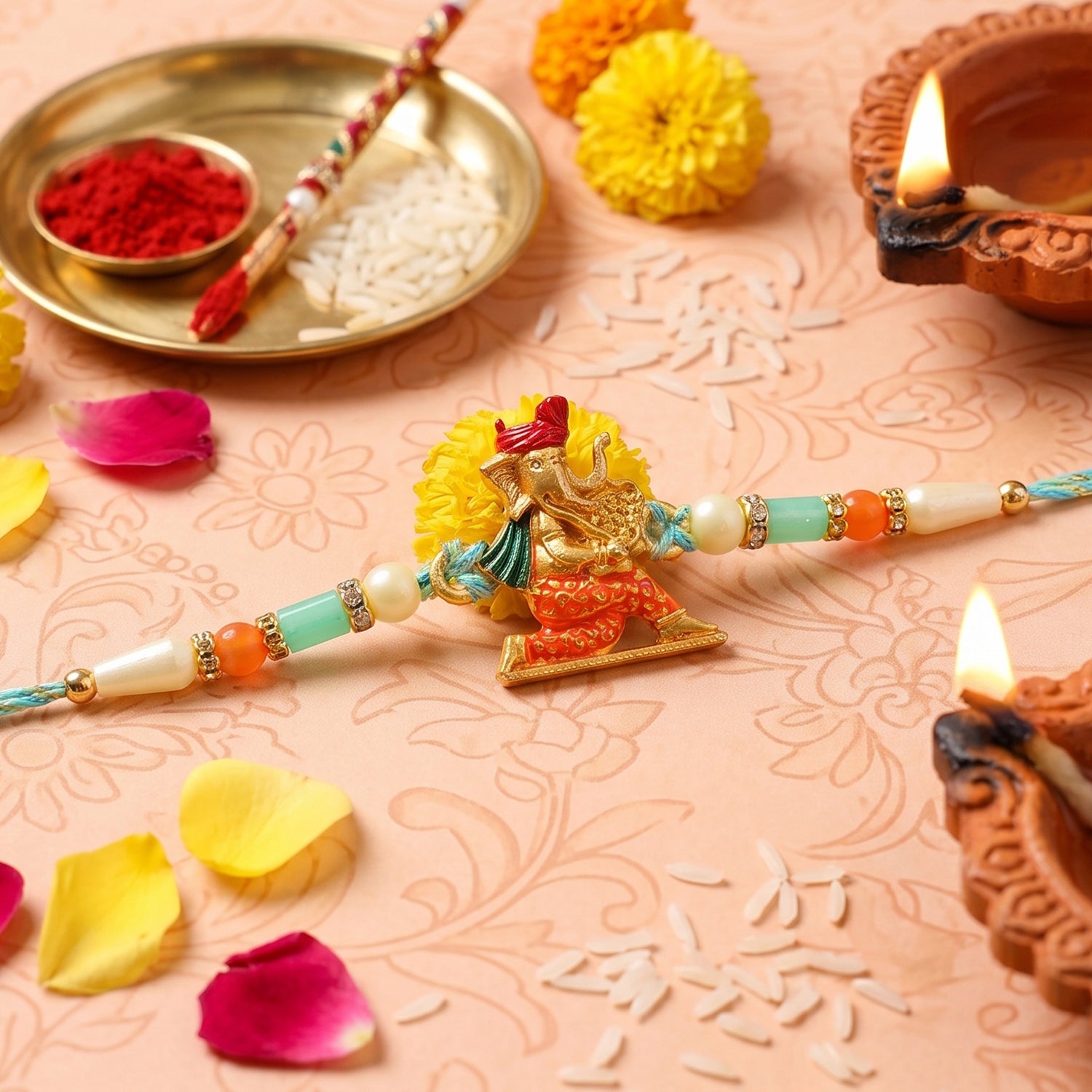 Colorful Ganesh Rakhi for Boys with Beads and Red-Blue Thread