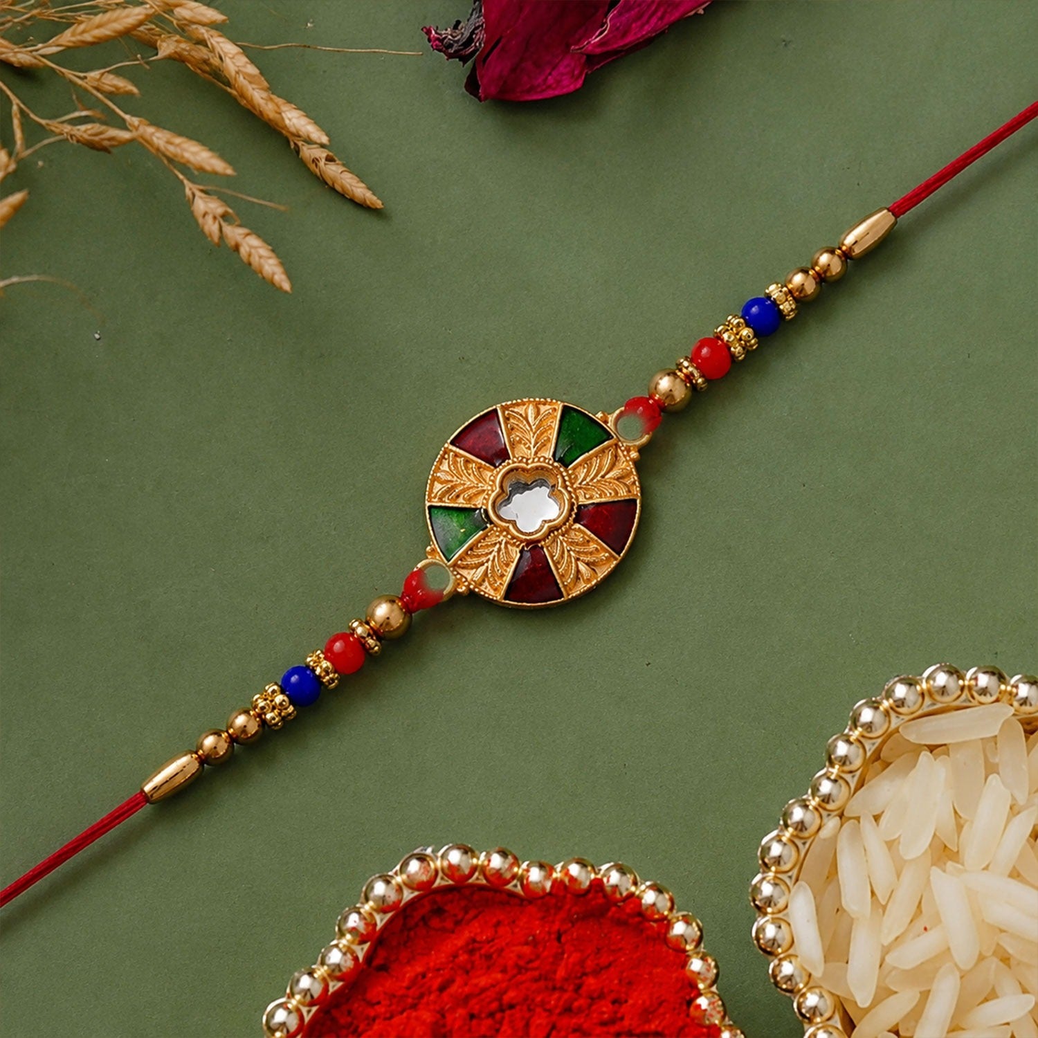 Multicolor Kundan Rakhi Golden Floral Design with Beaded Red Thread (5pcs)